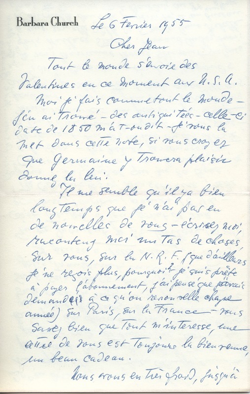 Lettre de Barbara Church à Jean Paulhan (6 février 1955)