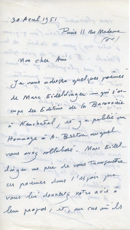 Lettre d'André Rolland de Renéville à Jean Paulhan, 1951-04-30