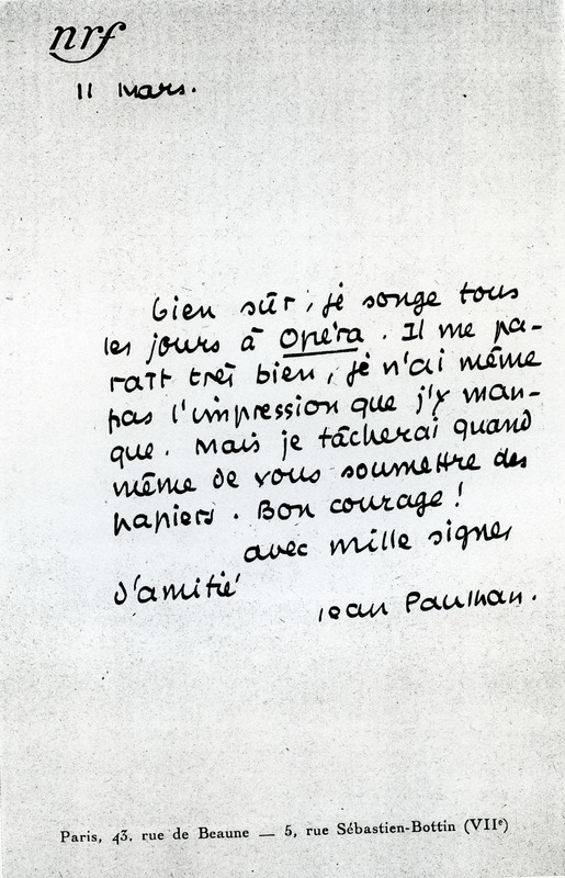 Lettre de Jean Paulhan à Roger Nimier, 1951-03-11