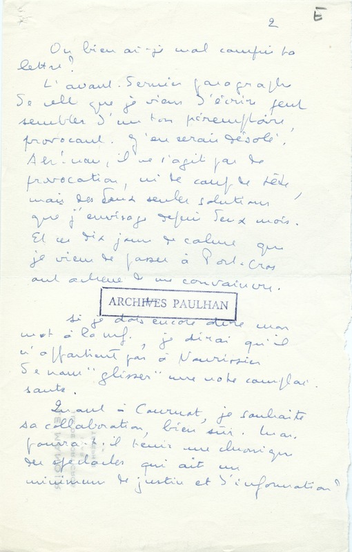 Lettre de Marcel Arland à Jean Paulhan, 1957