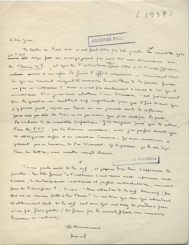 Lettre de Marcel Arland à Jean Paulhan, 1932
