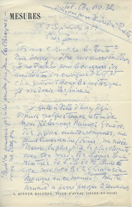 Lettre de Barbara Church à Jean Paulhan (8 septembre 1954)