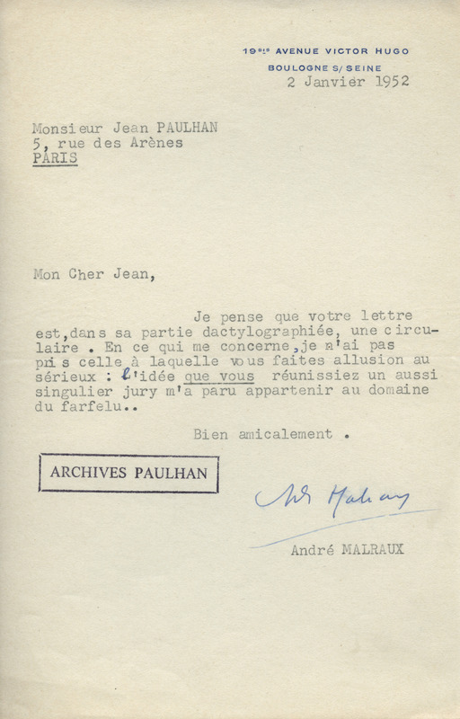 Lettre d'André Malraux à Jean Paulhan, 1952-01-02