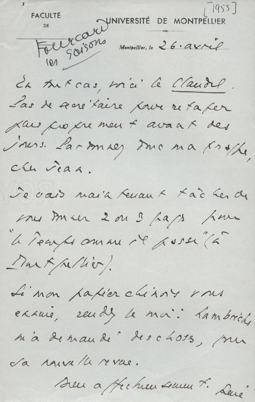 Lettre de René Étiemble à Jean Paulhan, 1955-04-26 Lettre de René Étiemble à Jean Paulhan, 1955-04-26