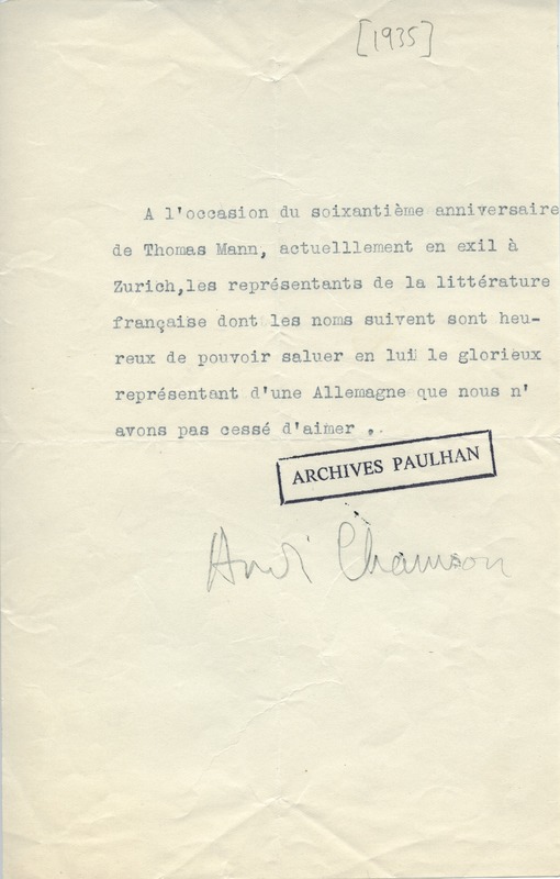 Lettre d'André Chamson à Jean Paulhan, 1935