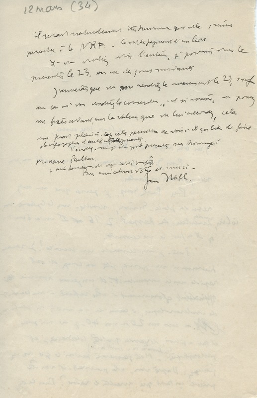 Lettre de Jean Wahl à Jean Paulhan, 1934-03-12