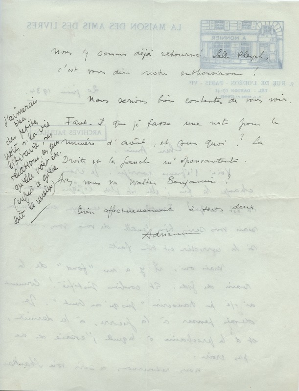 Lettre d'Adrienne Monnier à Jean Paulhan, 1934-06-20