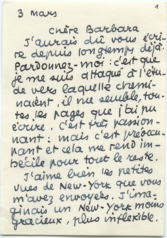 Lettre de Jean Paulhan à Barbara Church (3 mars 1958)
