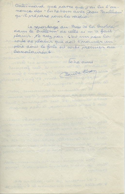 Lettre de Claude Elsen à Jean Paulhan, 1950 Lettre de Claude Elsen à Jean Paulhan, 1950