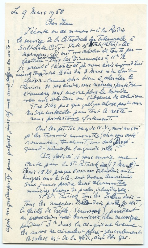 Lettre de Barbara Church à Jean Paulhan (9 mars 1958)