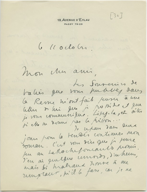 Lettre de Jacques de Lacretelle à Jean Paulhan (11 octobre 1930)