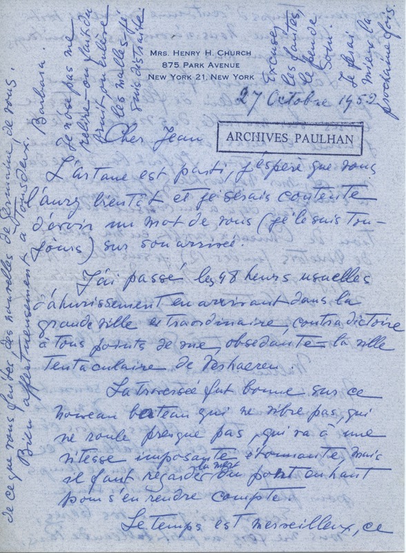 Lettre de Barbara Church à Jean Paulhan (27 octobre 1952) Lettre de Barbara Church à Jean Paulhan (27 octobre 1952)