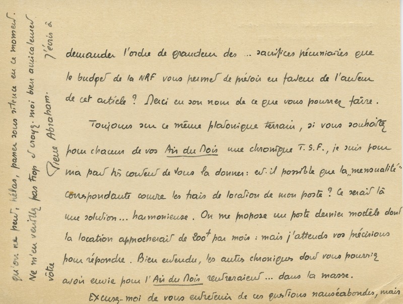 Lettre de Pierre Abraham à Jean Paulhan, 1934-01-30