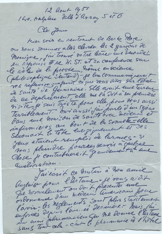 Lettre de Barbara Church à Jean Paulhan (12 août 1951)