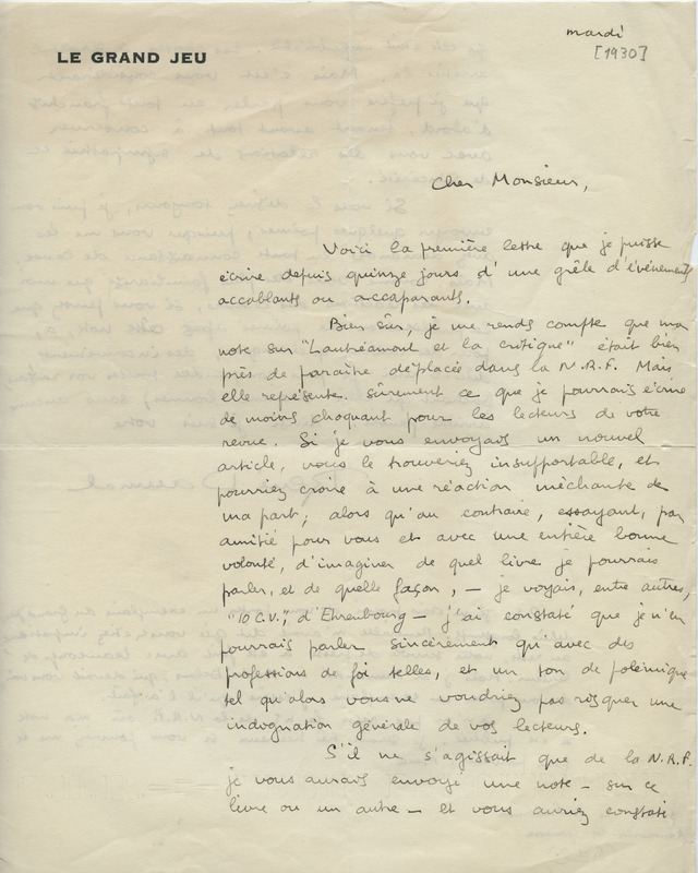 Lettre de René Daumal à Jean Paulhan, 1930 Lettre de René Daumal à Jean Paulhan, 1930