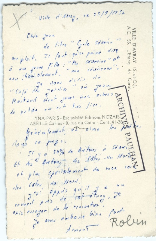 Lettre d'Armand Robin à Jean Paulhan (25 septembre 1957)