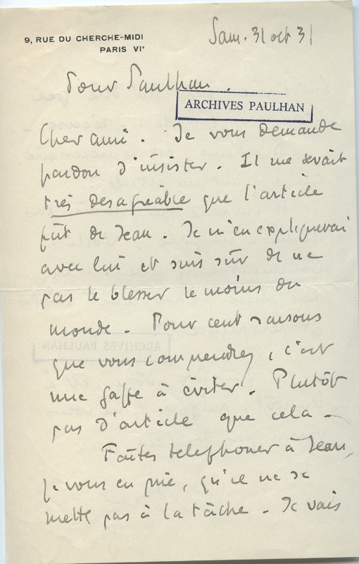 Lettre de Roger Martin du Gard à Jean Paulhan, 1931-10-31