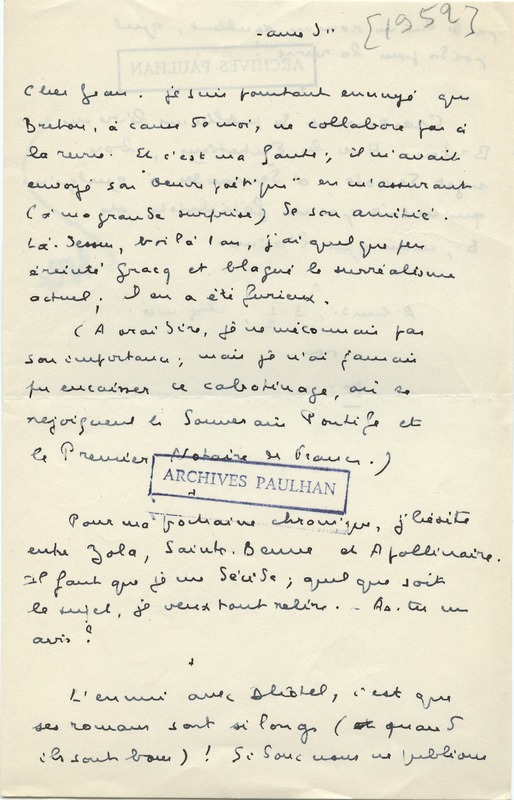 Lettre de Marcel Arland à Jean Paulhan, 1952 Lettre de Marcel Arland à Jean Paulhan, 1952