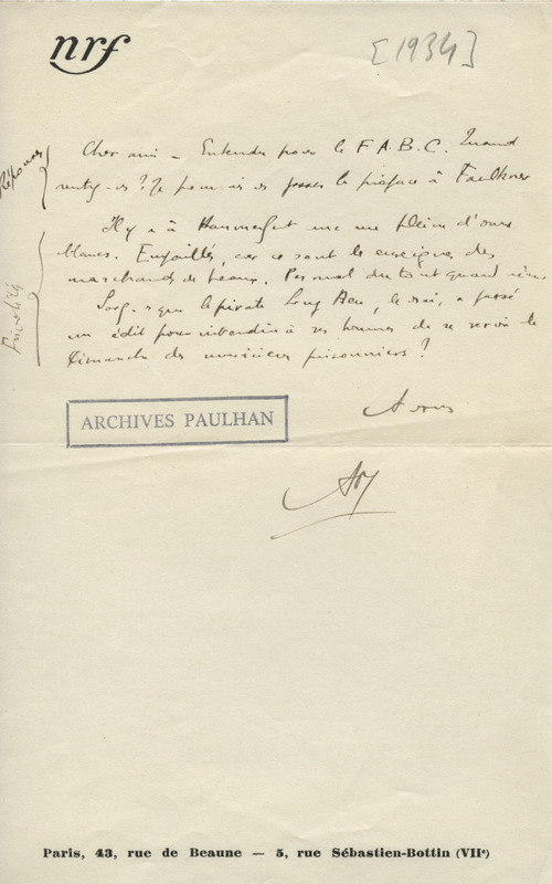 Lettre d'André Malraux à Jean Paulhan, 1934