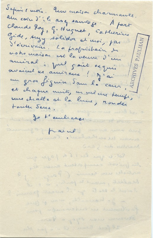 Lettre de Marcel Arland à Jean Paulhan, 1954 Lettre de Marcel Arland à Jean Paulhan, 1954