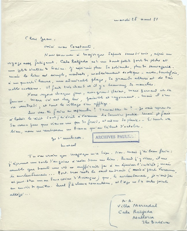 Lettre de Marcel Arland à Jean Paulhan, 1951-08-28