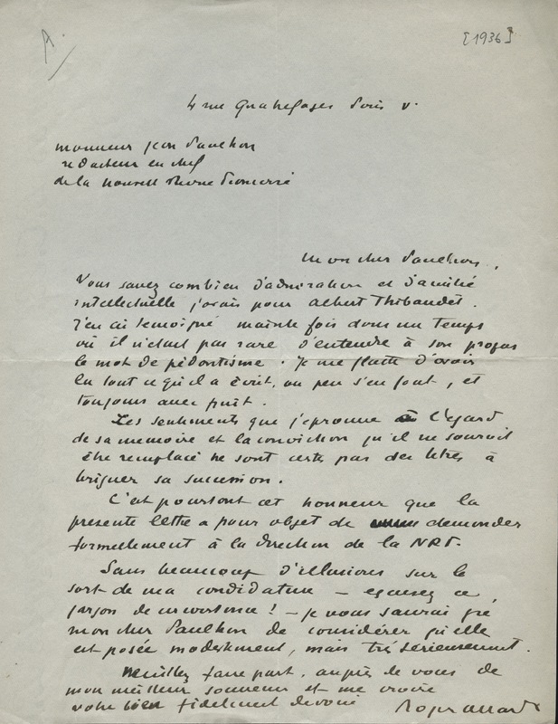 Lettre de Roger Allard à Jean Paulhan, 1936 Lettre de Roger Allard à Jean Paulhan, 1936