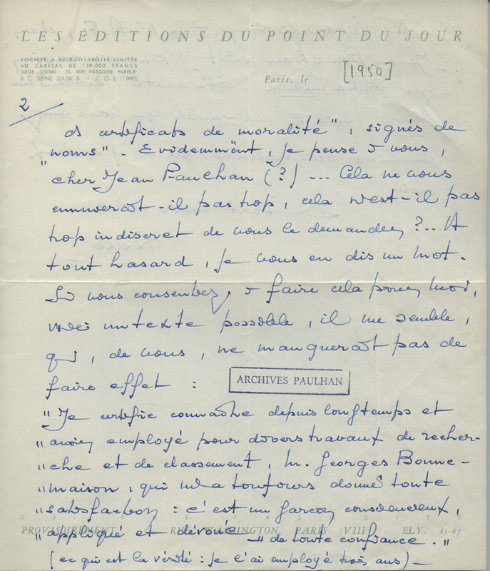 Lettre de René Bertelé à Jean Paulhan, 1950-04-20