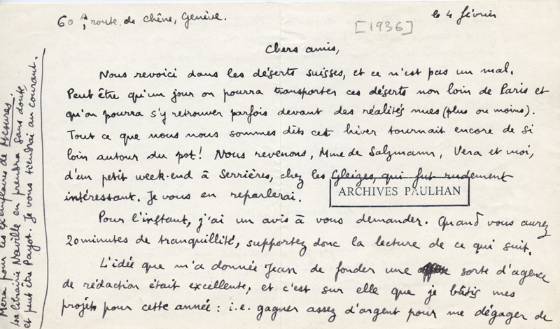 Lettre de René Daumal à Jean Paulhan, 1936-02-04