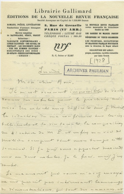 Lettre de Ramon Fernandez à Jean Paulhan (1928)