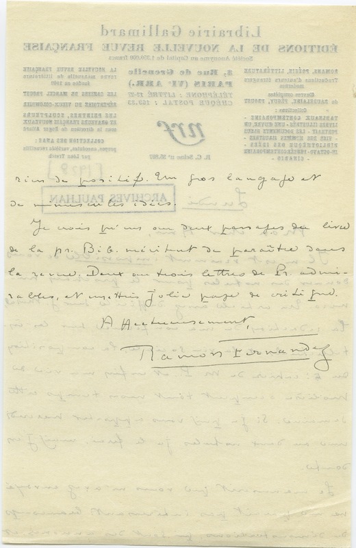 Lettre de Ramon Fernandez à Jean Paulhan (1928)