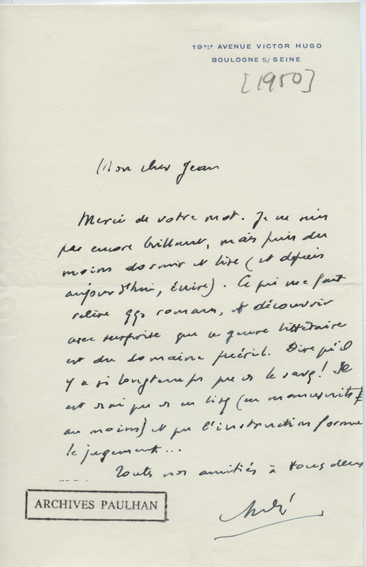 Lettre d'André Malraux à Jean Paulhan, 1950