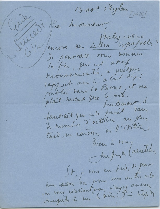 Lettre de Jacques de Lacretelle à Jean Paulhan (1926)