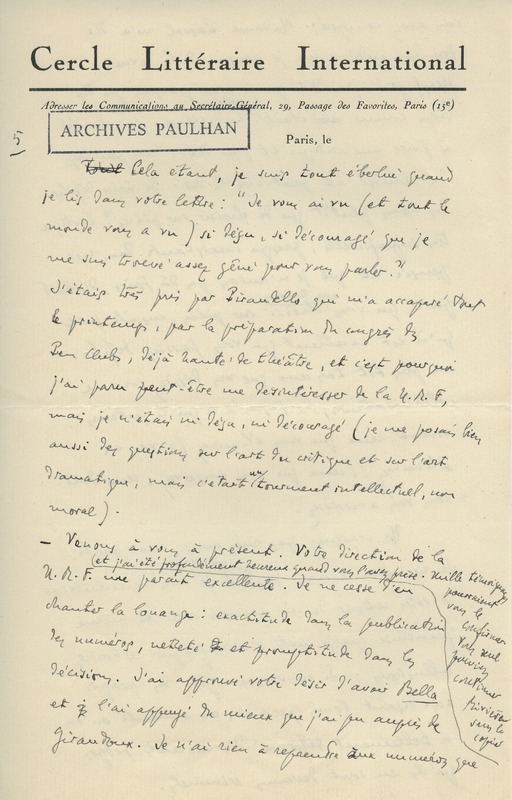 Lettre de Benjamin Crémieux à Jean Paulhan, 1925-10-23