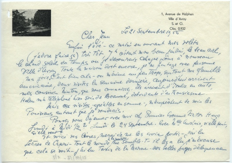 Lettre de Barbara Church à Jean Paulhan (21 septembre 1956)