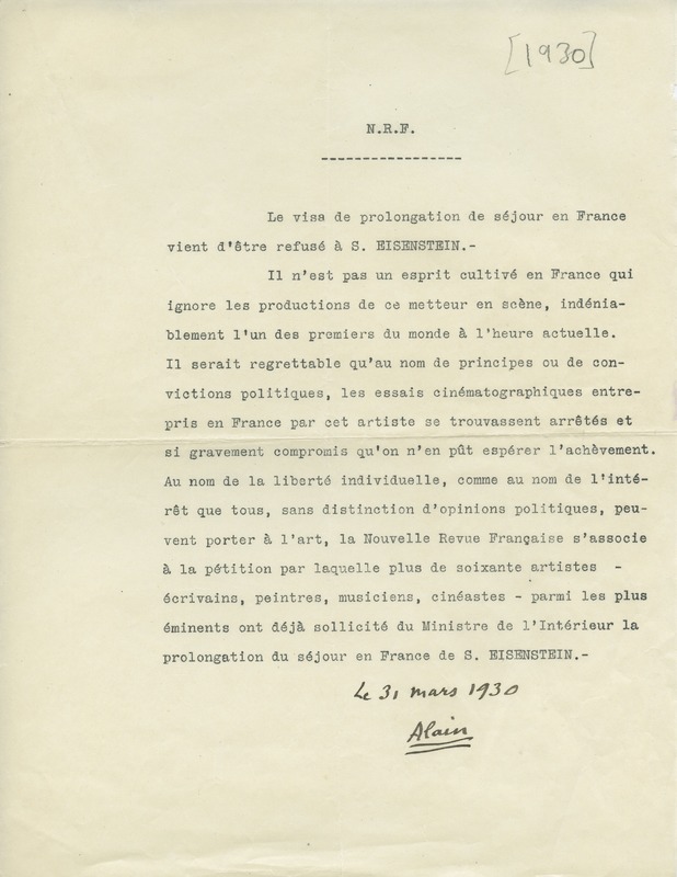 Lettre d'Alain à Jean Paulhan, 1930-03-31 Lettre d'Alain à Jean Paulhan, 1930-03-31