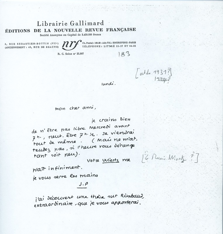 Lettre de Jean Paulhan à André Rolland de Renéville, 1931-10