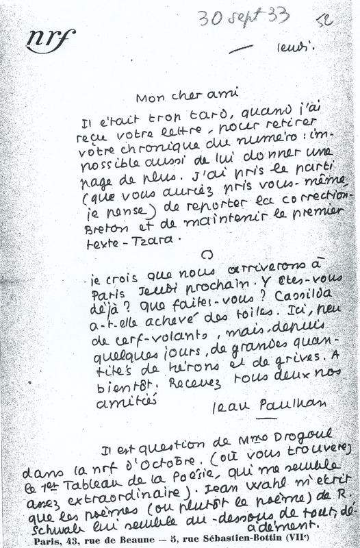 Lettre de Jean Paulhan à André Rolland de Renéville, 1933-09-30 Lettre de Jean Paulhan à André Rolland de Renéville, 1933-09-30