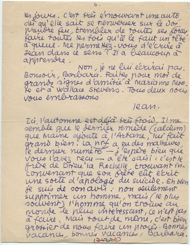 Lettre de Jean Paulhan à Barbara Church (28 septembre 1953)