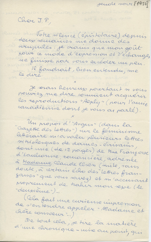 Lettre de Claude Elsen à Jean Paulhan, 1950