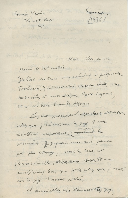 Lettre de Jean Wahl à Jean Paulhan, 1936