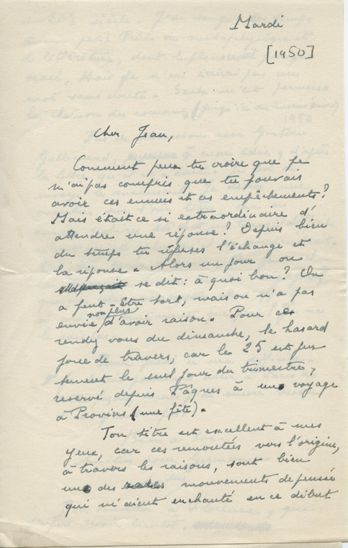 Lettre d'André Dhôtel à Jean Paulhan, 1950 Lettre d'André Dhôtel à Jean Paulhan, 1950