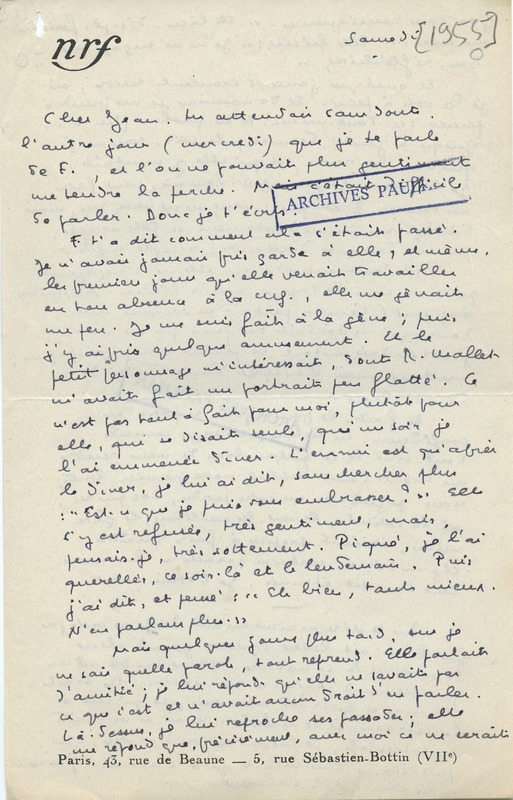 Lettre de Marcel Arland à Jean Paulhan, 1955