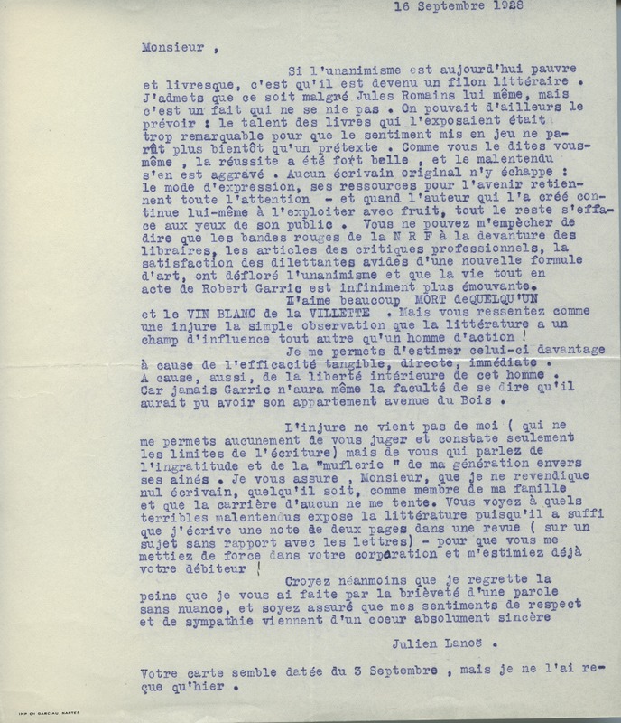 Lettre de Jean Paulhan à Julien Lanoë, 1928-09-16