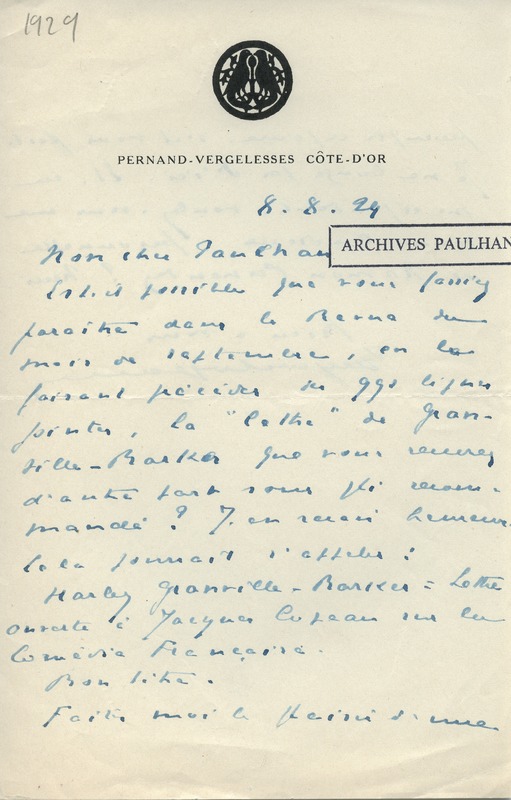 Lettre de Jacques Copeau à Jean Paulhan, 1929-08-08