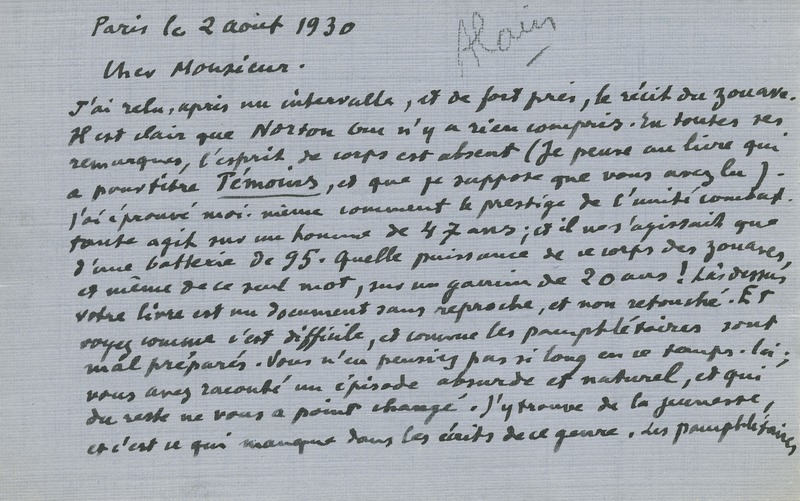 Lettre d'Alain à Jean Paulhan, 1930-08-02