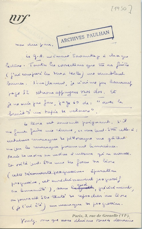 Lettre de Marcel Arland à Jean Paulhan, 1930