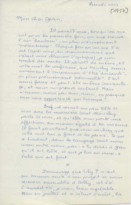 Lettre de Claude Elsen à Jean Paulhan, 1957
