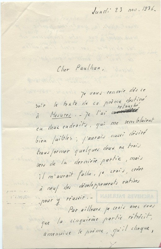 Lettre d'Armand Robin à Jean Paulhan (23 novembre 1936)