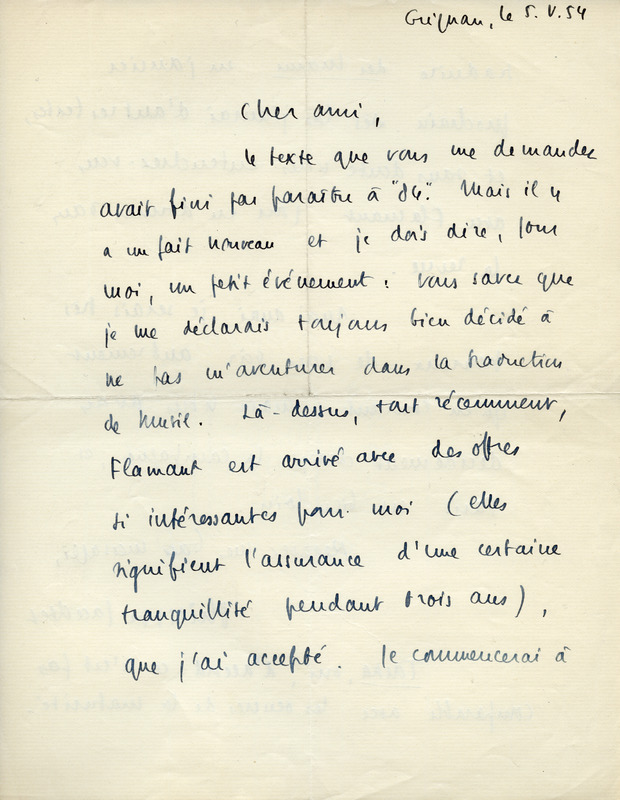 Lettre de Philippe Jaccottet à Jean Paulhan, 1954-05-05