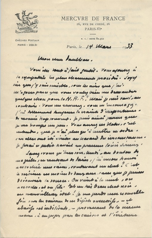 Lettre de Paul Léautaud à Jean Paulhan, 1933-03-14 Lettre de Paul Léautaud à Jean Paulhan, 1933-03-14